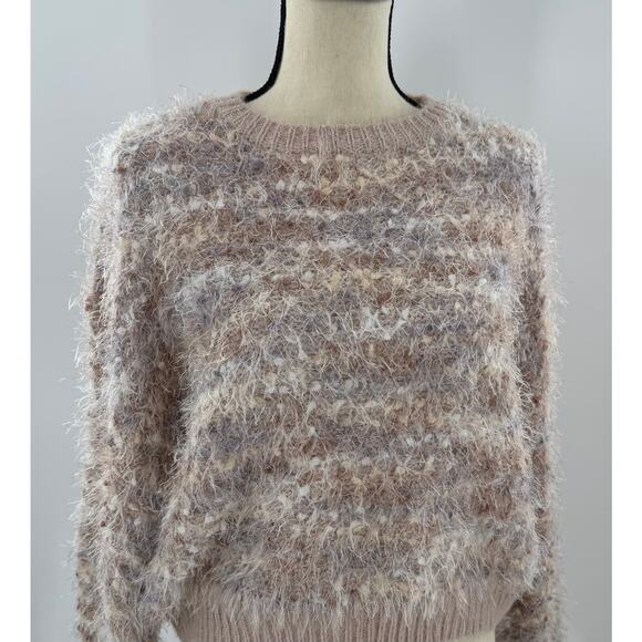 Anthropologie Raga Emberly Beige Pink Fuzzy Eyelash Crewneck Sweater M - Picture 1 of 11